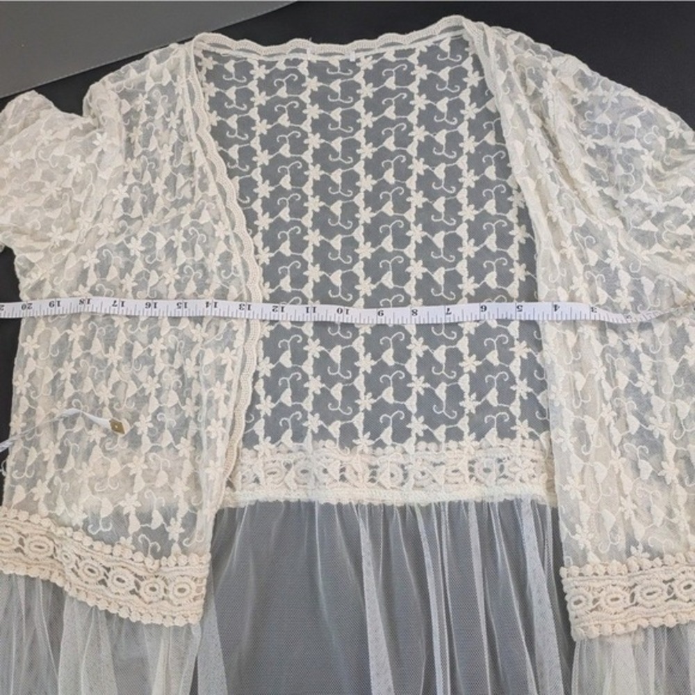 Boho Lace Open Front Cardigan Cream Floral Embroidery Layering Duster M/L - Picture 9 of 9